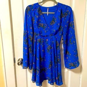 FREE PEOPLE Womens Chiffon Floral Dress in Cobalt Blue, Size XS